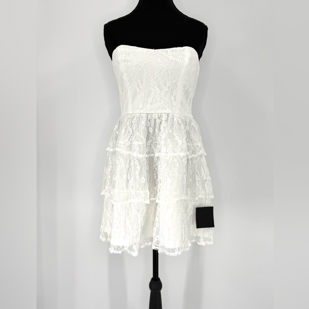 Lulus Sweet Perception White Lace Strapless Tiered Mini Dress, Size S, NWT - Picture 6 of 15